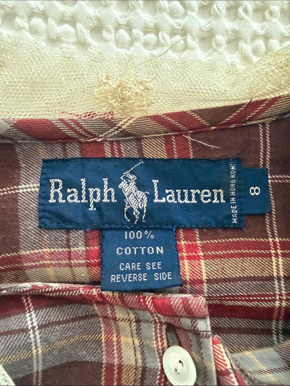 Vintage 80’s Ralph Lauren Plaid Flannel Button Front
Lace Trim Scarf Cuffs - Picture 11 of 16